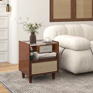 Bamboo Rattan Bedside Table Boho Nightstand w/ Drawer & Wood Legs Brown - Picture 1 of 7