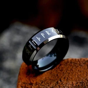 Black with Silver Edges Viking Runes Celtic Wedding Band Tungsten Carbide Ring - Picture 1 of 3