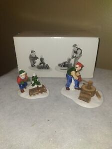 Dept 56 Snow Village Accessory "Chopping Firewood" Set of 2 #54863 Retired 