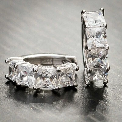 14K White Gold Plated 2.00 Ct Princess Moissanite  Hoop/Huggie Gift Earrings - Image 1 of 3
