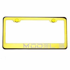 Gold Chrome License Plate Frame MODEL 3 Laser Etched Metal Screw Cap - Bild 1 von 8