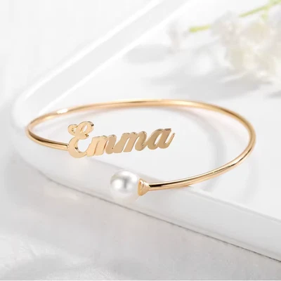 Custom Name Pearl Bracelet Stainless Steel Jewelry Adjustable Bangle Silver Gold - Image 1 of 4