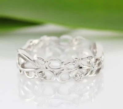Flower Boho Scroll Open Work Band Sterling Silver Full Eternity Stacking Ring - Image 1 of 4