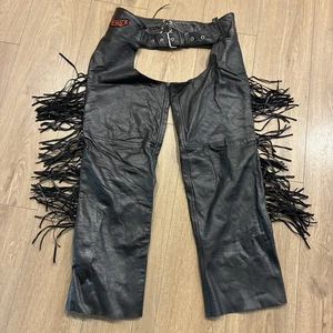 Unik Black Leather Chaps Medium with Fringes Motorcycle Riding Gear Men's - Picture 1 of 18