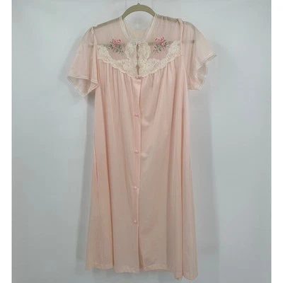 Vintage Womens Robe Size L Peach Sheer Floral Embroidered Cottagecore Coquette  - Image 1 of 4