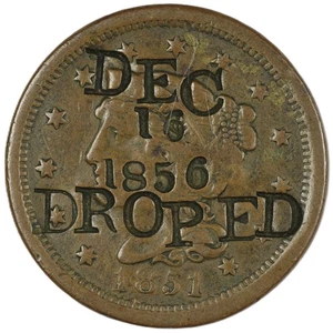 1851 Capelli intrecciati grande centesimo, controtimbro "DEC 16 1856 DROP ED" - Foto 1 di 2