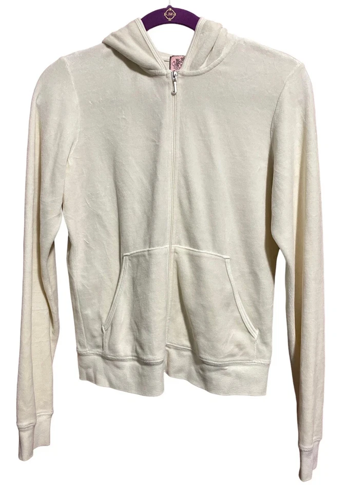 Juicy Couture Hooded Off White Cream Velour Track Jacket Y2K Large - Image 1 of 1
