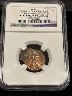 1986-D Lincoln Dbl Struck Flipover 2nd Strike 65% O/C NGC AU Damage Mint Error - Image 1 of 4