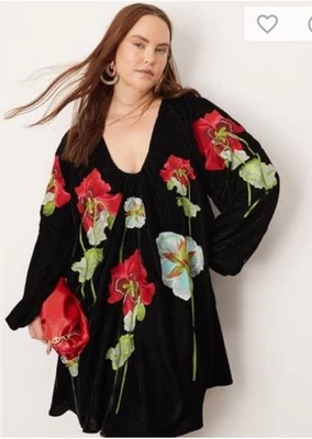 New ASOS Edition Curve Black Velvet Embroidered Mini Dress. Sz 18.$165. Sold Out — 第 1/4 张图片