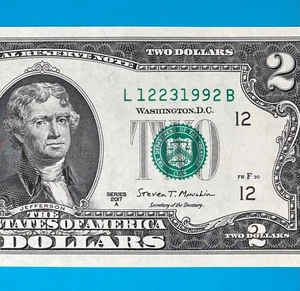 December 23, 1992 (L 12231992 B) BIRTHDAY Note $2 Two Dollar Bill *UNC* - Picture 1 of 4