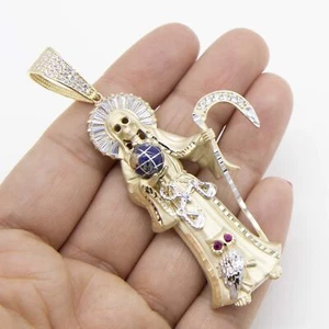 3" Halo Santa Muerte Angel of Death Pendant Solid Real 10K Yellow White Gold - Picture 1 of 6