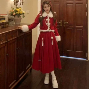 Set 2 pezzi vestito donna ragazza capodanno cinese cappotto gonna rana bottone caldo etnico - Foto 1 di 12