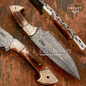 Custom Damascus Handmade Full Tang Knife Engraved Copper Bolsters Impact Cutlery - Picture 1 of 11