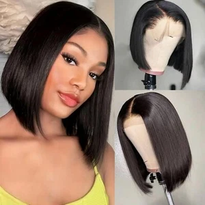 Bob Cut 5x5 Silk Base Full Lace Human Hair Wig Brazilian Remy Hair Silk Top Wigs - Picture 1 of 13