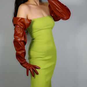 LONG GLOVES Unisex Dark Red Faux Leather 70cm Elastic Armband L PUFF SLEEVES