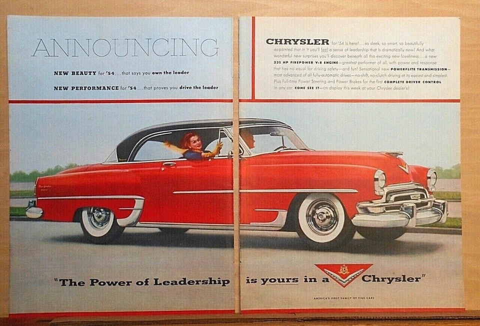 1953 two page magazine ad for Chrysler - Red 1954 New Yorker Deluxe, Leadership - Image 1 of 1