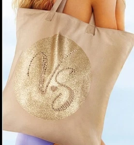 VICTORIA'S SECRET VS STUDDED BLING LARGE BEACH/POOL TOTE BAG KHAKI NWT - Picture 1 of 4