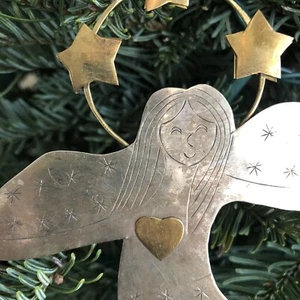 Mixed Metal Angel w/ Heart Star Halo Ornament Brass Silver Etched Stamped - Picture 1 of 12