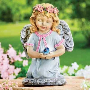 Statua dolce bambina angelo con uccellino blu da interno/esterno ricordo giardino - Foto 1 di 2