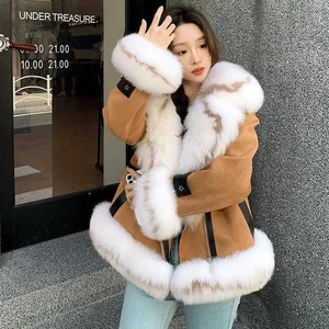 Fox Fur Jacket Women's Big Fur Collar Down Parka Suede Leather Coats Overcoats - Picture 1 of 23