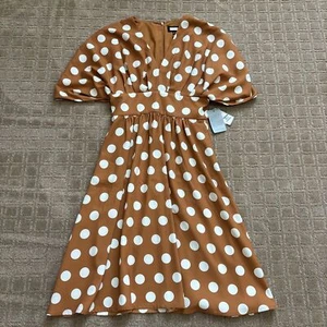 Alexia Admor Polka Dot Draped Midi Fit & Flare Dress Brown Pretty Women Derby - Picture 1 of 10