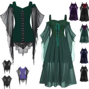 Women Gothic Witch Princess Cosplay Costume Renaissance Medieval Lace-up Dress - Picture 1 of 44