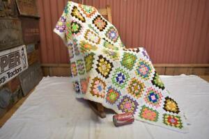 Vintage Handmade Crocheted Multi-Colored Granny Square Throw Lap Blanket Afghan