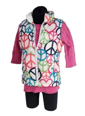 Old Navy Pink Dolman Pullover w/ Puffer Vest SZ 8 M Peace Sign Heart 2010s - Image 1 of 4