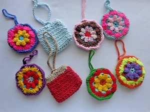 LOT OF 8 MINI CROCHET DOUBLE SIDED POUCH ROSARY BAGS TREASURE BAGS AIRPOD BAGS - Picture 1 of 4