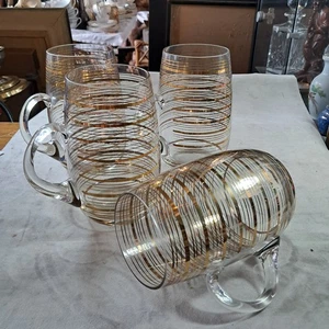 Vintage Gold Banded Tankard Pint Glasses x4, some wear to the gold - Foto 1 di 13