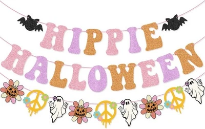 Guirnalda de pancarta de Halloween hippie para Groovy rosa, púrpura, naranja, amarillo  Foto 1 de 4