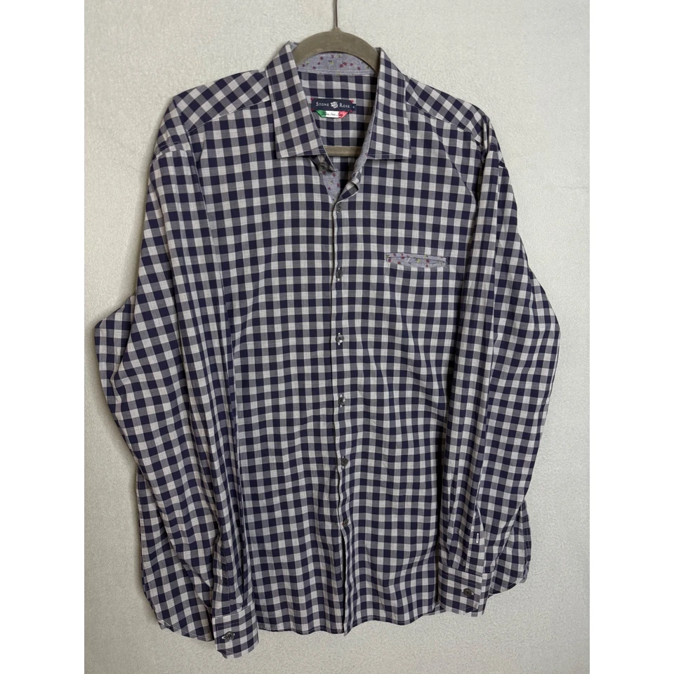 Stone Rose Button Up Men's XL Checkered Long Sleeve Shirt Fabric From Italy - Image 1 of 4
