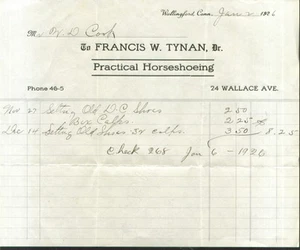 Francis W Tynan Horseshoeing Wallingford CT bill 1926 - Picture 1 of 1