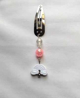 White Rainbow Hair Clip Barrette Pink Bead Linear Dangle Handmade Accessory - Image 1 of 3