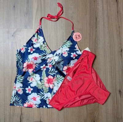 NWT Bobbie Brooks Size M  2-Piece Swimsuit Tankini Bikini Floral Hibiscus Beach  - Image 1 of 4