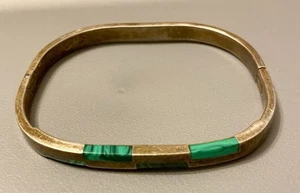 Vintage Hinged Mexico Silver 925 Malachite Inlay Bangle Bracelet Cuff - Picture 1 of 12
