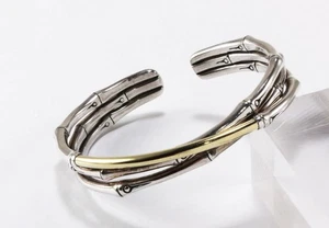 JOHN HARDY BAMBOO 925 STERLING SILVER & 18K YELLOW GOLD CROSSOVER CUFF BRACELET - Picture 1 of 8