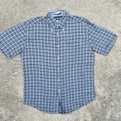 Tommy Hilfiger Hombres Camisa Botón L Manga Corta Cuadros Azul Pura Línea Lino a Cuadros Foto 1 de 4