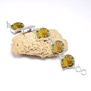 Pulsera de cadena hecha a mano con joyas de plata de ley 925 con piedras preciosas fósiles de amonita - Imagen 1 de 6