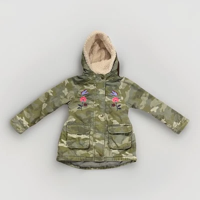 Old Navy Green Camo Jacket Girls 5T Ivory Sherpa Lined Hood Embroidered Flowers - Image 1 of 4