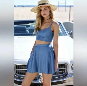 Lulus Women Small Accompany Me Chambray Two Piece Skirt Set Smocked Crop Top - Picture 1 of 7