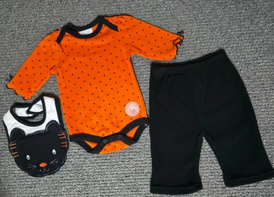 Bon Bebe наряд 3шт комплект Хэллоуин Cat большой 6-9 Mos оранжевый черный горошек новый - Изображение 1 из 2