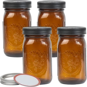 4 Pack 32 oz Amber Wide Mouth Mason Jars with Airtight Lids and Black amber  - Picture 1 of 6