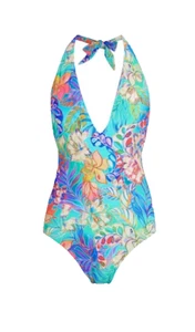 Johnny Was "Helena" Einteiler Plunge Badeanzug mit Blumenmuster, Multi - Gr. XL - Bild 1 von 7