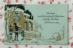 De colección. Tarjeta de felicitación de villa nevada de madrigales villancicos de Navidad en relieve dorado de la década de 1930 - Imagen 1 de 5