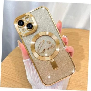 Magnetic Case Designed for Glitter Case Luxury Plating Love iPhone 14 Gold - Picture 1 of 7