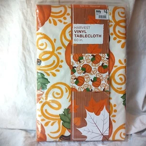 Ernte Kürbis Vinyl Tischdecke orange weiß grün Herbst 60 Zoll rund NEU - Bild 1 von 6
