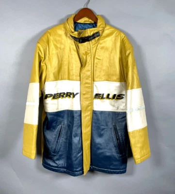 Perry Ellis America Leather Jacket Adult Medium Yellow Blue Oversized Bomber - Image 1 of 4