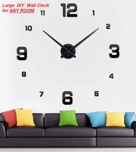 3D Black Surface Large Wall Clock Modern DIY Sticker Office Home Shop Art Decor - Picture 1 of 3