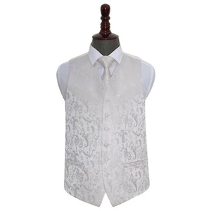 DQT Woven Floral Ivory Mens Wedding Waistcoat & Tie Set S-5XL - Bild 1 von 4